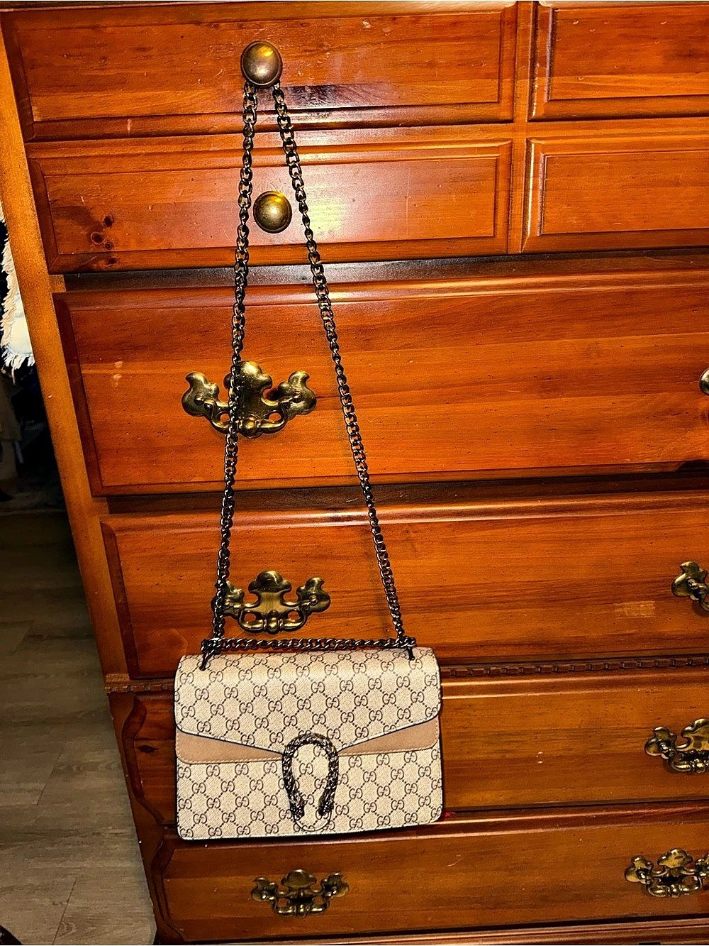 Monogram Chain Shoulder Bag in Beige & Black - Picture 2 of 5